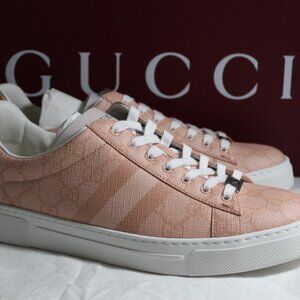 NWB Gucci GG Supreme Sneaker Sneakers Ace Web Flats Pink Lace Up 39.5 812026